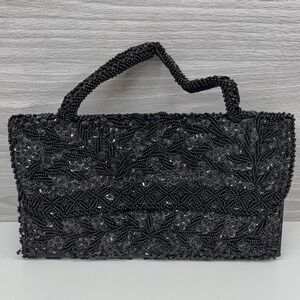 Vintage 1950s Black Beaded Sequin Evening Bag Clutch Purse Handmade Hong Kong